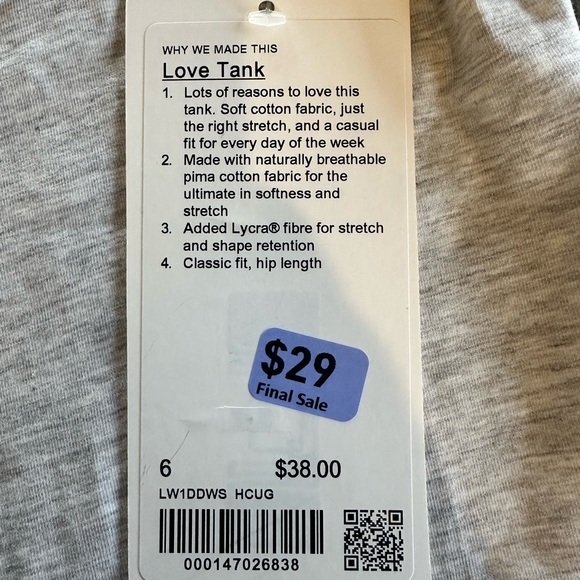 Lululemon Heathered Core Ultra Light Gray Love Tank Top Size 6 NET - Picture 10 of 10